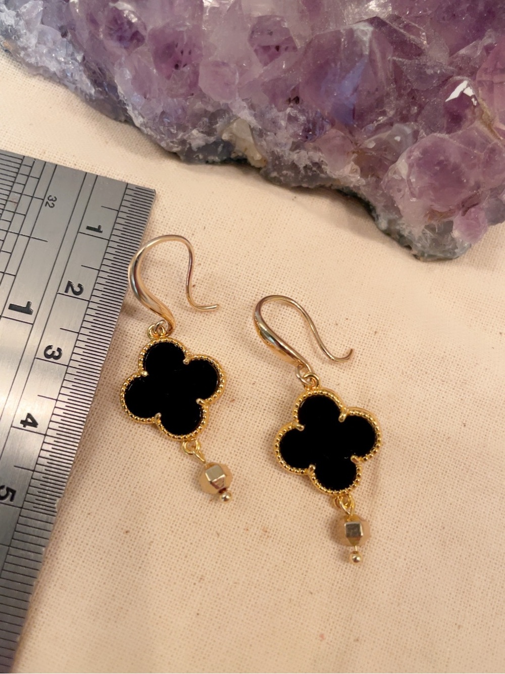 18k Gold Hematite and Black Clover Drop Earrings